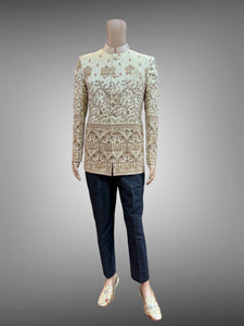 Silk Embroidered Light Gold Short Jacket / Bandhgala