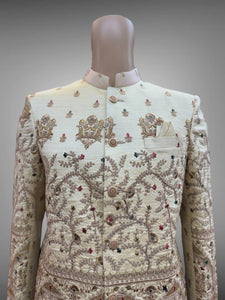 Silk Embroidered Light Gold Short Jacket / Bandhgala