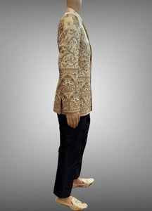 Silk Embroidered Light Gold Short Jacket / Bandhgala