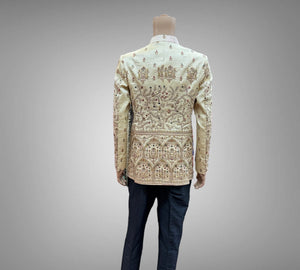 Silk Embroidered Light Gold Short Jacket / Bandhgala