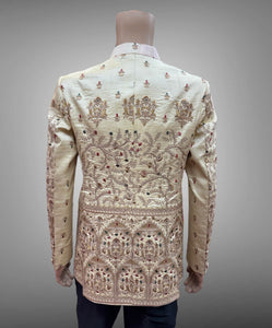 Silk Embroidered Light Gold Short Jacket / Bandhgala