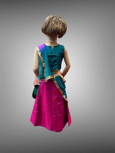 Silk Embroidered Iridescent Mardi Grass Purple & Contrast Dark Pine Green Crop Top Children Lehenga Set