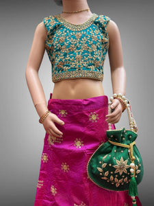 Silk Embroidered Iridescent Mardi Grass Purple & Contrast Dark Pine Green Crop Top Children Lehenga Set