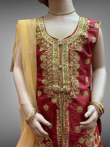 Silk Embroidered Iridescent Maroon Kids Lehenga Set