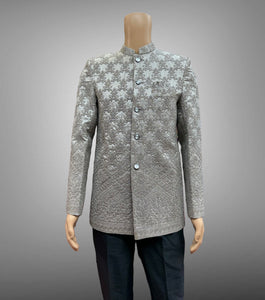 Silk Embroidered Metal Grey Short Jacket / Bandhgala