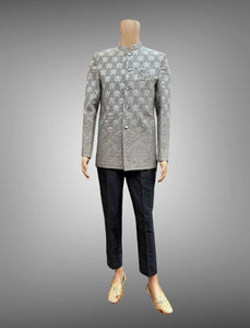 Silk Embroidered Metal Grey Short Jacket / Bandhgala