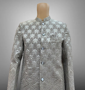 Silk Embroidered Metal Grey Short Jacket / Bandhgala