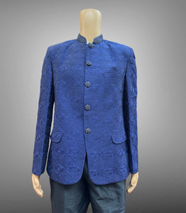 Silk Embroidered Midnight Navy Blue Short Jacket / Bandhgala