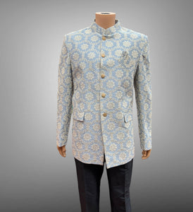 Silk Embroidered Pastel Antique Blue With White Embroidery Short Jacket / Bandhgala