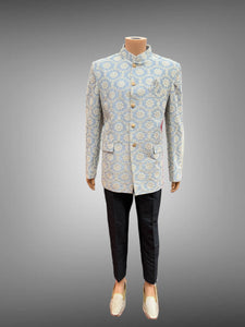 Silk Embroidered Pastel Antique Blue With White Embroidery Short Jacket / Bandhgala