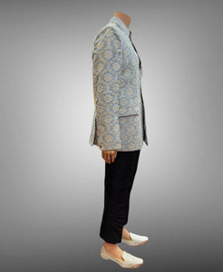 Silk Embroidered Pastel Antique Blue With White Embroidery Short Jacket / Bandhgala