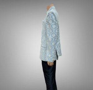 Silk Embroidered Pastel Antique Blue With White Embroidery Short Jacket / Bandhgala