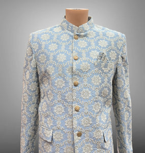 Silk Embroidered Pastel Antique Blue With White Embroidery Short Jacket / Bandhgala