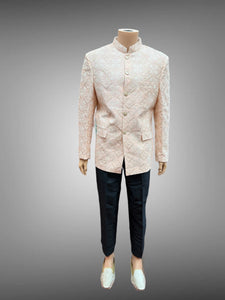 Silk Embroidered / Embossed Pastel Melon Pink Short Jacket / Bandhgala