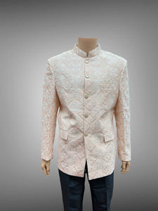 Silk Embroidered / Embossed Pastel Melon Pink Short Jacket / Bandhgala