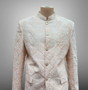 Silk Embroidered / Embossed Pastel Melon Pink Short Jacket / Bandhgala