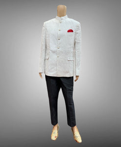 Silk Embroidered White Short Jacket / Bandhgala