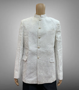 Silk Embroidered White Short Jacket / Bandhgala