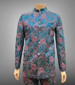 Silk Floral Embroidered Iridescent Ocean Blue & Pink Short Jacket / Bandhgala