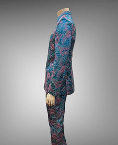 Silk Floral Embroidered Iridescent Ocean Blue & Pink Short Jacket / Bandhgala