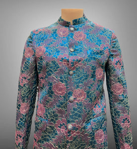 Silk Floral Embroidered Iridescent Ocean Blue & Pink Short Jacket / Bandhgala