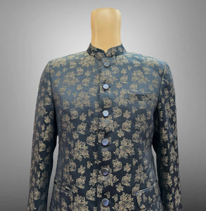 Silk Floral Printed Black & Gold Short Jacket / Bandhgala