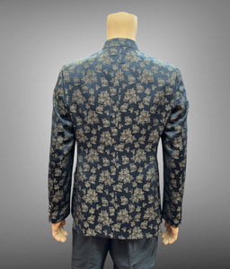 Silk Floral Printed Black & Gold Short Jacket / Bandhgala