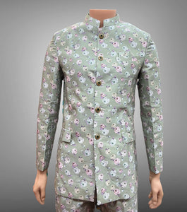 Silk Floral Printed Laurel Green Short Jacket / Bandhgala