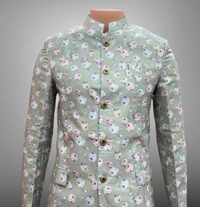 Silk Floral Printed Laurel Green Short Jacket / Bandhgala