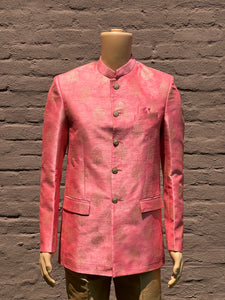 Silk Self Printed Georgia Peach Short Jacket / Bandhgala