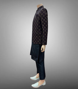 Silk Self Printed Dark Chocolate Brown Short Jacket / Bandhgala