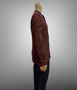 Silk Self Printed Iridescent Dark Maroon Short Jacket / Bandhgala