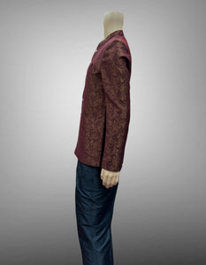 Silk Self Printed Iridescent Dark Maroon Short Jacket / Bandhgala