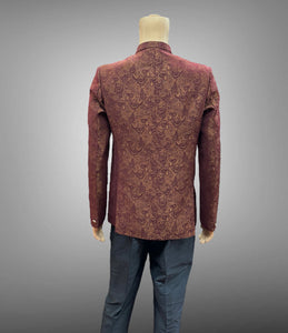 Silk Self Printed Iridescent Dark Maroon Short Jacket / Bandhgala