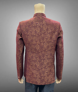 Silk Self Printed Iridescent Dark Maroon Short Jacket / Bandhgala