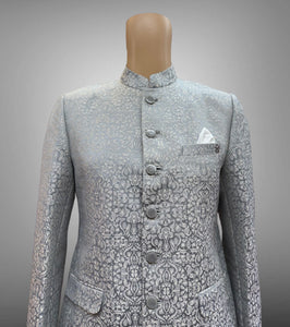 Silk Self Printed Iridescent Silver Grey Short Jacket / Bandhgala