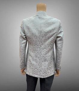 Silk Self Printed Iridescent Silver Grey Short Jacket / Bandhgala