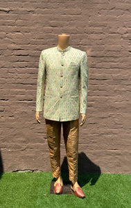 Silk Self Printed Light Olive Green Short Jacket / Bandhgala