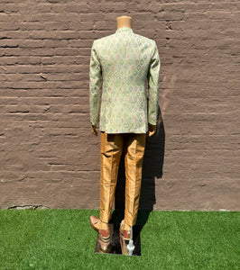 Silk Self Printed Light Olive Green Short Jacket / Bandhgala