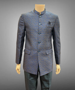 Silk Self Printed Midnight Navy Blue Short Jacket / Bandhgala