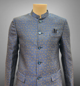 Silk Self Printed Midnight Navy Blue Short Jacket / Bandhgala