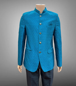 Silk Self Printed Pacific Ocean Blue Short Jacket / Bandhgala