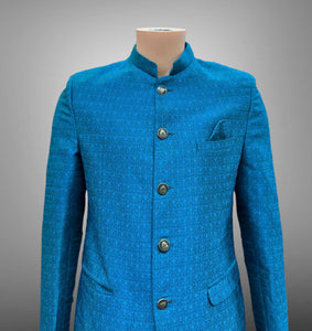 Silk Self Printed Pacific Ocean Blue Short Jacket / Bandhgala