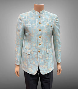 Silk Self Printed Pastel Aqua Blue Short Jacket / Bandhgala