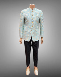 Silk Self Printed Pastel Aqua Blue Short Jacket / Bandhgala