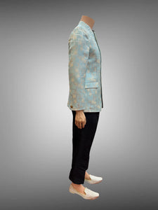 Silk Self Printed Pastel Aqua Blue Short Jacket / Bandhgala