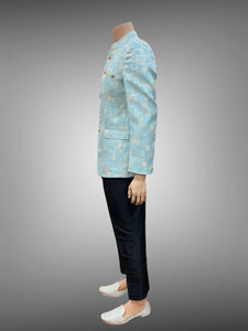 Silk Self Printed Pastel Aqua Blue Short Jacket / Bandhgala