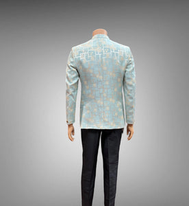 Silk Self Printed Pastel Aqua Blue Short Jacket / Bandhgala