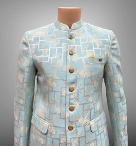 Silk Self Printed Pastel Aqua Blue Short Jacket / Bandhgala