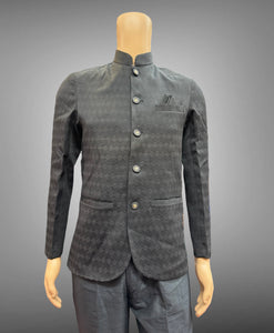 Silk Self Printed & Embroidered Black Short Jacket / Bandhgala